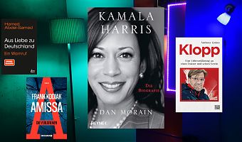 Kamala Harris’ Biografie ist Thema im LeseWurm. (Foto: Volker Stephan; Cover: Randomhouse, dtv, Droemer)