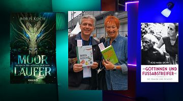 Der LeseWurm nutzt die Leipziger Buchmesse für ein Gespräch mit Eva Rossmann (r.). (Foto: Volker Stephan, Cover: Verlage Knaur, Piper)