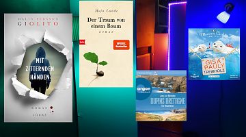 Der LeseWurm kriecht durch Neuerscheinungen auf der ganzen Welt. (Foto: Volker Stephan, Cover: Verlage Lübbe, btb, Argon, Osterwold Audio)